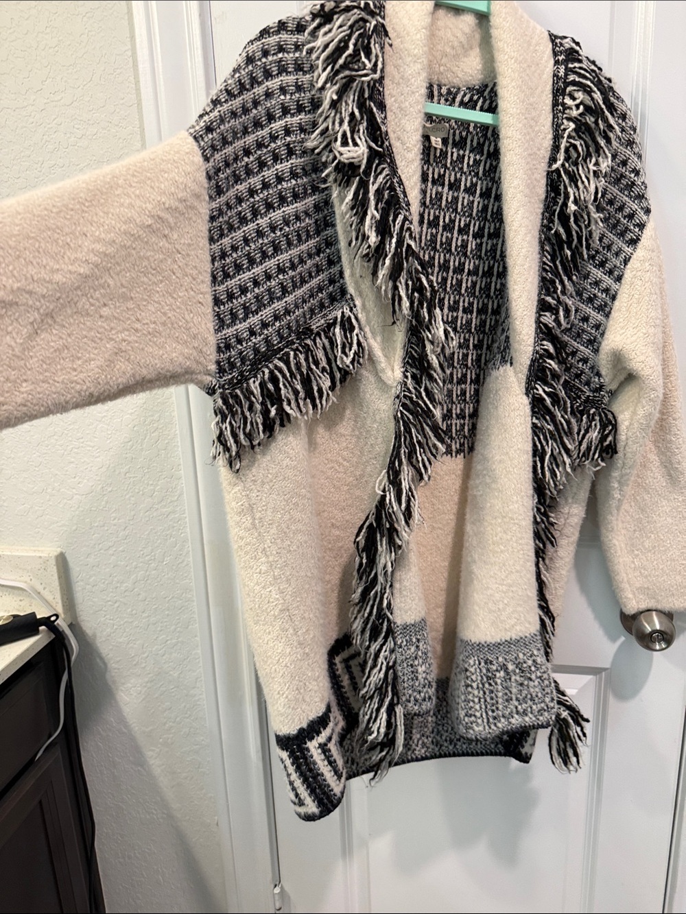 Beige & Black Fringe Knit Cardigan Sweater - Picture 11 of 13